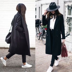 Minimalist preppy long peacoat winter jacket trench coat black